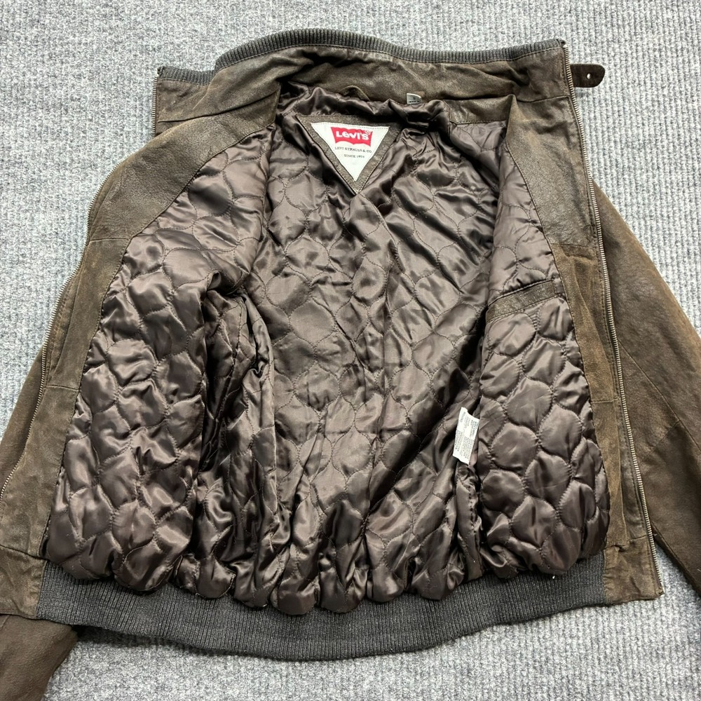 Levis Mens Small Brown Leather Moto Jacket Cafe Racer Distressed Full Zip - Picture 5 of 9